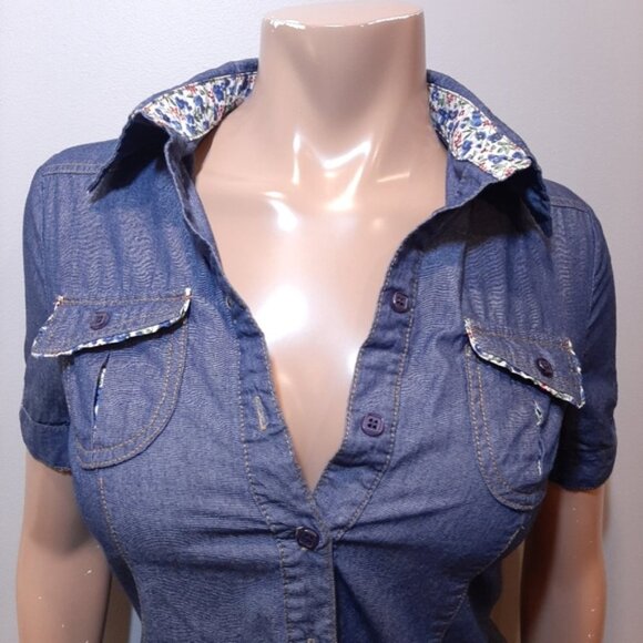 EDC Esprit Denim Shirt Button Down Short Sleeve Floral Western Y2K - Picture 2 of 11